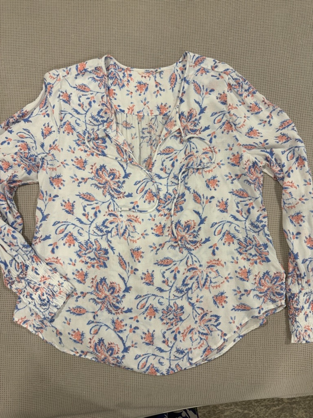 Light Floral Peasant Blouse - White with Blue & Pink
